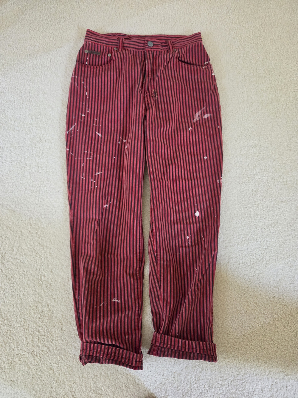 Calvin Klein Jeans Red and Black Striped Cropped Jeans with Paint-Drip Detail